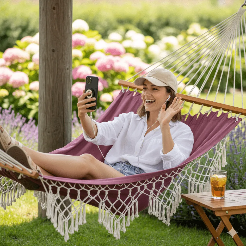 A woman relaxes in a hammock, holding her phone while enjoying a peaceful moment outdoors.
